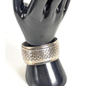 Silver Tone Wide Cuff Bracelet Basket Weave Statement Brutalist Geometric Modern